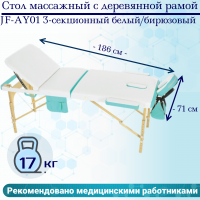 Стол массажный с деревянной рамой JF-AY01 3-секционный белый/бирюзовый